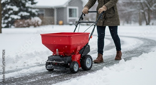 A person in winter clothing pushes a red broadcast spreader across a snow-covered driveway, applying ice melt.