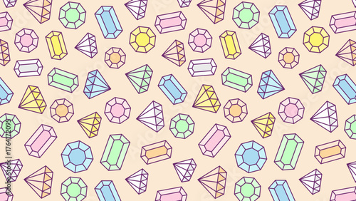 Diamond seamless pattern with colorful gemstones for various design uses. Ideal for backgrounds, textiles, stationery, and packaging designs.