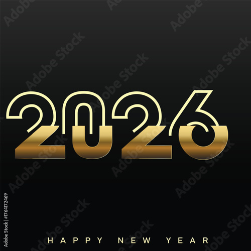 Modern futuristic Happy New Year 2026 logo with gold and outline typography. Vector