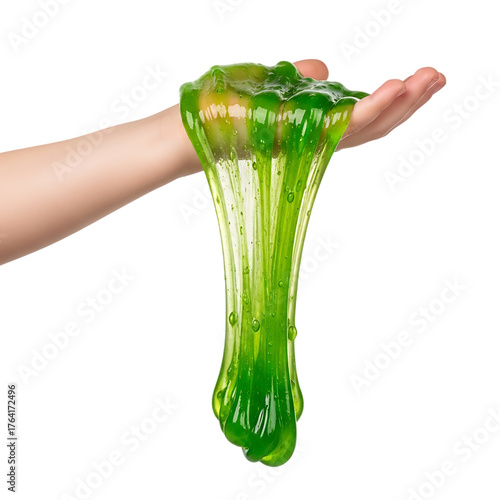 Childs hand holding dripping green slime toy fun sensory play. Isolated on transparent background, png