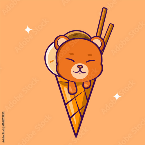 A charming bear peeking out from an ice cream cone, creating a fun and whimsical concept illustration. Great for dessert-themed designs, children’s artwork, or merchandise. Cute Character Illustration