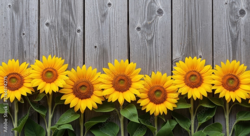 Obraz premium Vibrant Sunflowers Against Rustic Gray Wood Backdrop, Summer's Joy