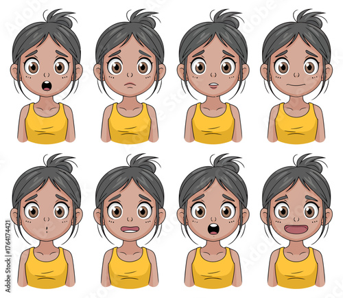 Collection of eight cartoon illustrations of a young girl displaying various facial expressions.