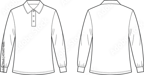 PrintLong sleeve polo shirt technical flat sketch, fashion design template, front and back view, casual wear apparel illustration, vector outline drawing