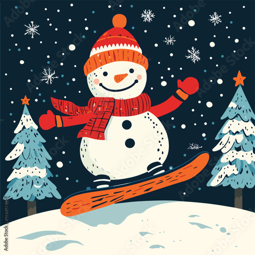 Snowman joyfully snowboarding in winter wonderland with snow-covered trees on Christmas  , vector style simple color