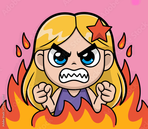 Cartoon illustration of an angry blonde girl with a red star in her hair, surrounded by flames.