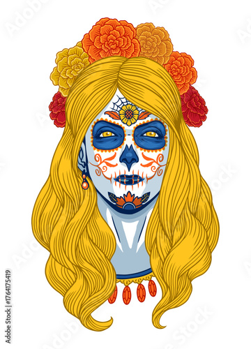 Colorful Hand Drawn Illustration of Sugar Skull Woman