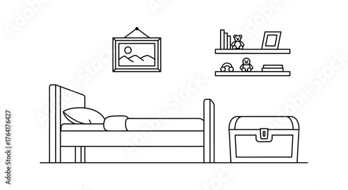 Simple bedroom interior with bed shelves picture and treasure chest