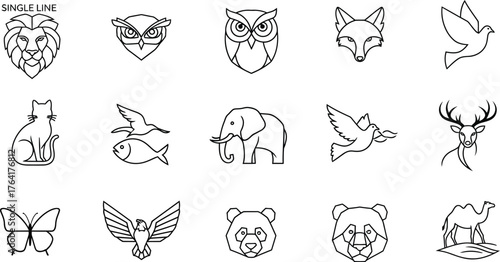Animal icons line art lion owl fox bird cat fish elephant deer butterfly panda