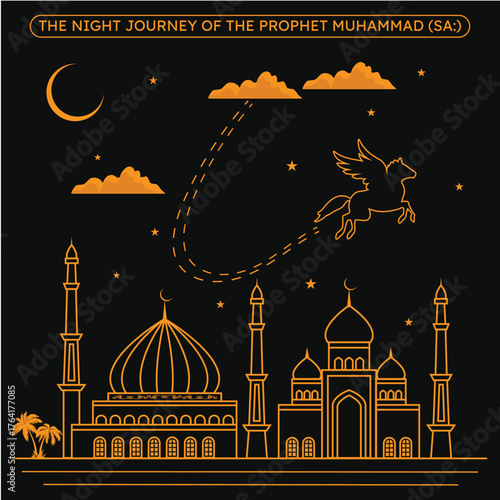 Prophet Muhammad S: Isra and Miraj, the night journey, Buraq flying toward the heavens, line art vector style.