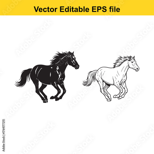 Vector art of two horses, one black silhouette and one white line drawing, running