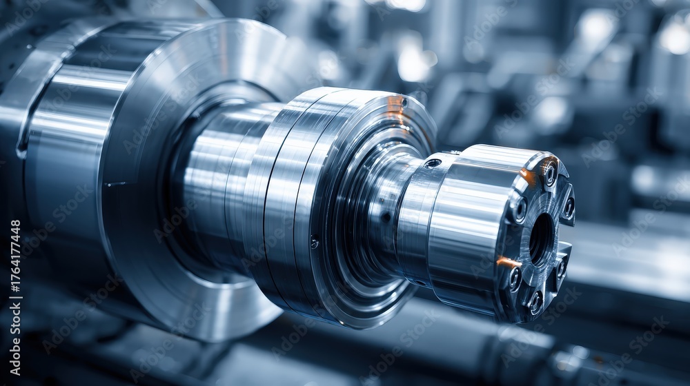 Fototapeta premium A close-up view of a shiny, metallic machine component, showcasing precision engineering and intricate design in a manufacturing environment.