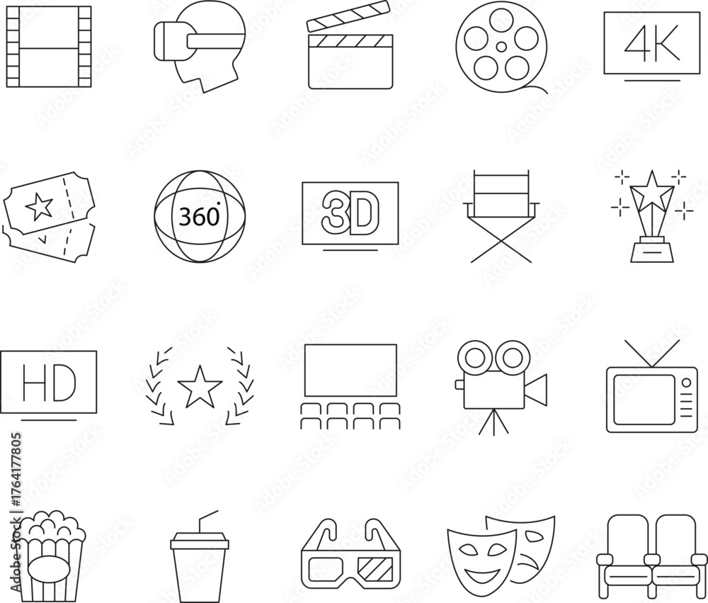 Fototapeta premium Collection of cinematic entertainment and movie related line art icons for visual storytelling