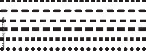 Abstract dashed border divider set vector illustration isolated on transparent. Simple rectangular frame with a dashed line border