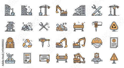 Demolition Building with Wrecking Ball Concept Heavy Industry Engineering Icon