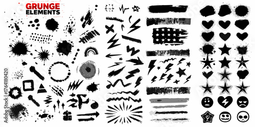Collection of black grunge elements and textures for graphic design projects