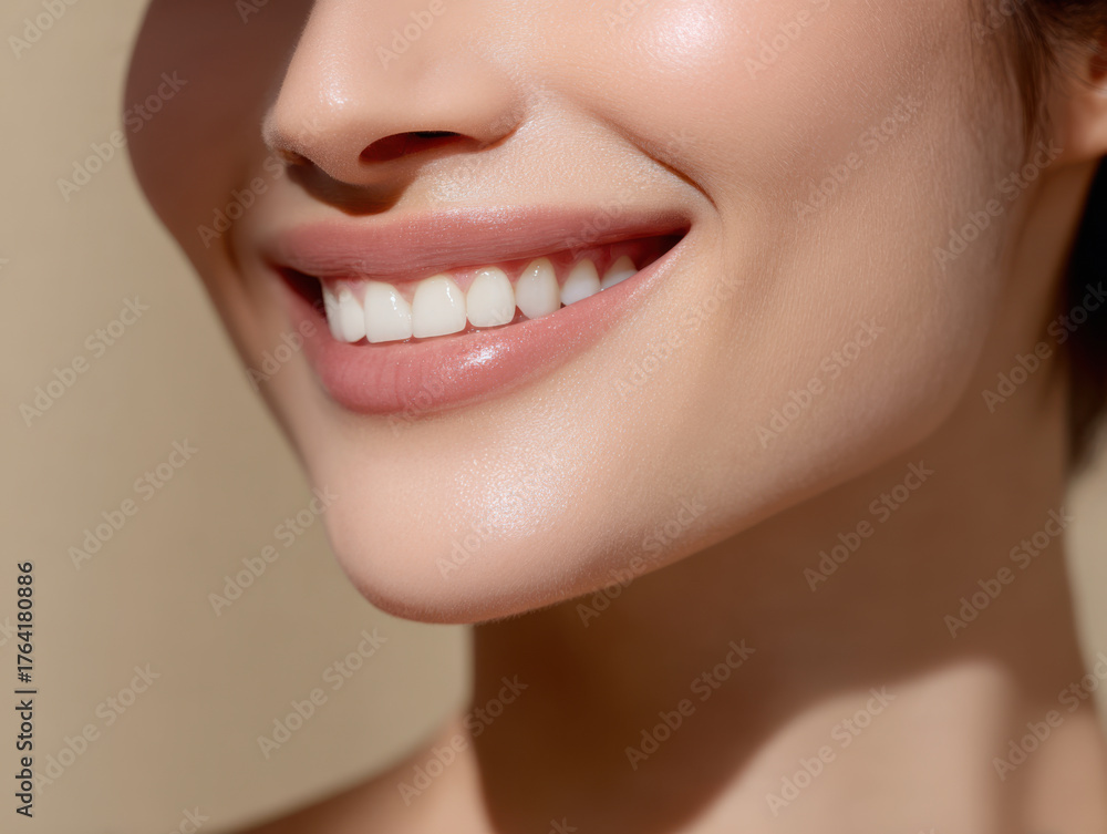 Obraz premium Bright smile with healthy white teeth and smooth skin close up, showing natural beauty and happiness