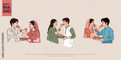 Multiple illustrations of the Bhai Dooj tradition: a sister lovingly feeds sweets to her brother, celebrating the eternal sibling bond in India.
