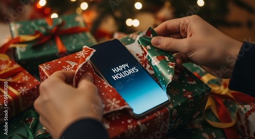 Unwrapping a new smartphone with a 'Happy Holidays' message. Perfect for holiday gift guides, tech promotions, seasonal greetings, digital marketing, and Christmas technology campaigns.