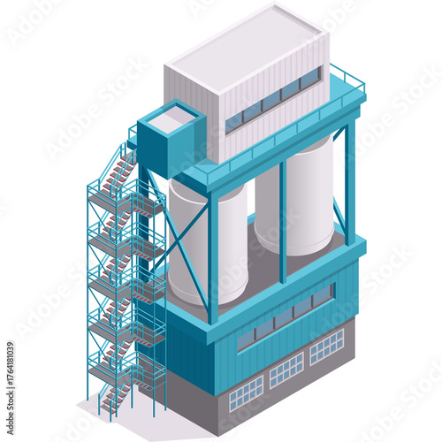 Isometric view of a modern industrial factory building with silos and exterior stairs against a transparent background featuring teal and white structures and gray base