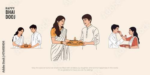 Happy Bhai Dooj! Vector illustration capturing the aarti ritual and a sister affectionately feeding sweets to her brother, celebrating the strong sibling bond.