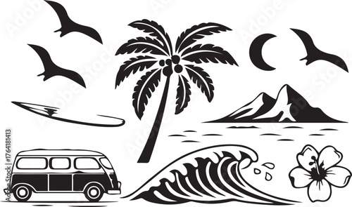 Tropical Beach Surfing Vector Icons Set Summer, Ocean, Travel, Vacation Elements
