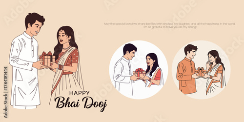 A charming vector of a brother and sister exchanging Bhai Dooj gifts, illustrating the festive joy and deep bond of the traditional Indian sibling festival.