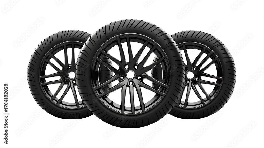 Fototapeta premium Three realistic black car tires with alloy rims arranged in a dynamic cluster isolated on transparent background