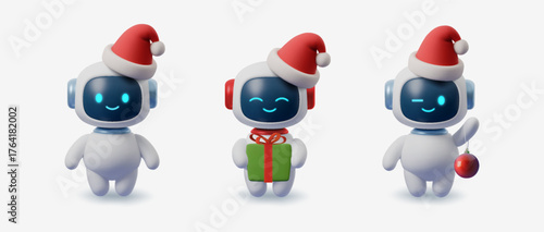 3D robot AI Santa characters with Christmas gifts and ornaments. Cute chatbot mascots, digital assistants in festive Santa hats. Futuristic AI robot cartoon illustration for xmas holiday celebration