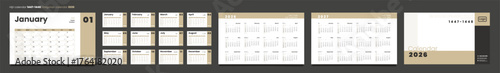 Hijri islamic 1447-1448 and Gregorian calendar 2026. Vector Layout calendar in English with week start Sunday. Set of 12 Calendar Pages, Cover with place Photo and Logo, annual 2026-2027 ready print.