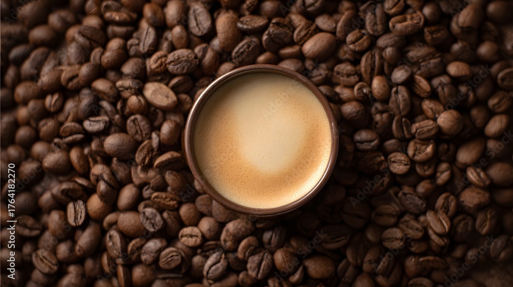 Fototapeta premium Small cup of rich espresso rests centrally upon a dense background of roasted coffee beans