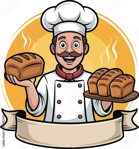 Smiling Chef Holding Loaves of Bread and Tray