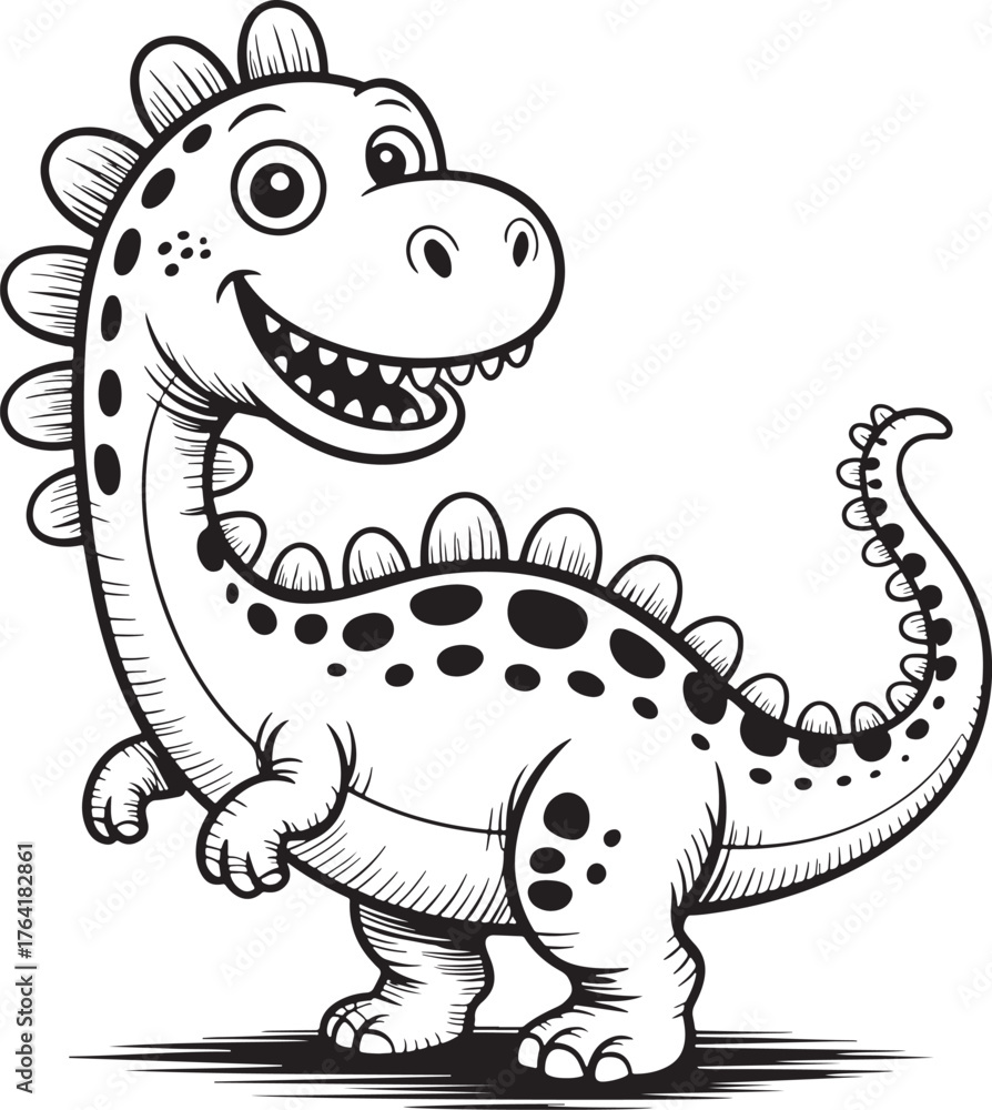 Fototapeta premium Smiling Dinosaur with Spikes and Spots Coloring Page