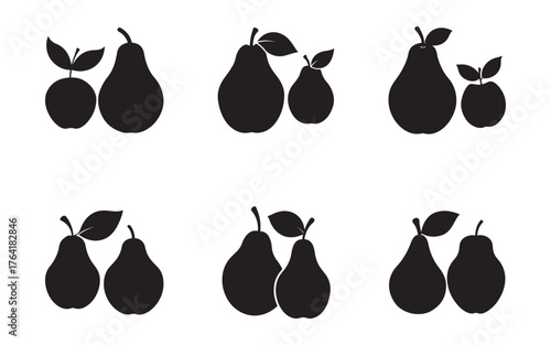 Monochrome Apple and Pear Fruit Silhouettes on White Background Healthy Food and Fresh Harvest Concept for Designers