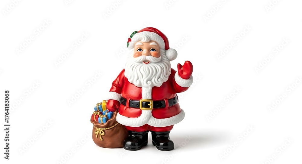 Fototapeta premium A figurine of santa claus with a bag of gifts on a white background raising his hand in a wave pose