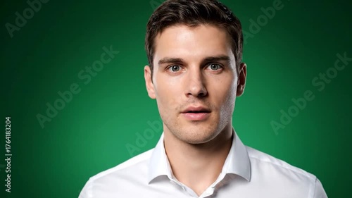 A man with fair skin and brown hair is centered, wearing a white shirt against a green background