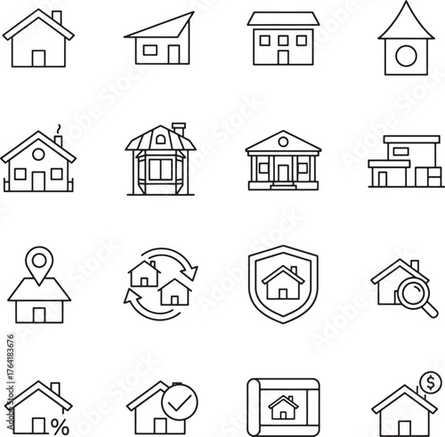 Real Estate Icon Set – Property, Housing, Mortgage, Insurance, Mobile App Symbols