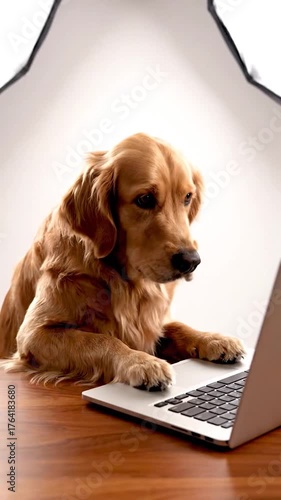 A golden retriever is using a laptop, looking intently at the screen. The dog is on a wooden surface
