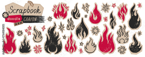Fire, flame, star hand drawn collage icon. Doodle scrapbook sticker. Vector brush or crayon fire flame star. Cutout grunge grafitti icon. Sketch vintage paper illustration. Tattoo Punk Rock pattern bg