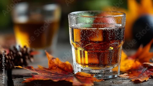 Autumn Beverage in Glass with Leaves and Pinecones