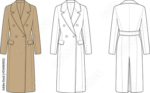 Overcoat fashion sketch, notched lapel collar, flap pockets, fitted waist, long hemline, front and back view, CAD drawing flat vector illustration