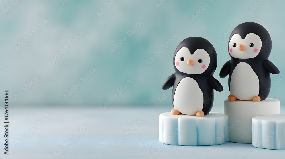 Naklejka premium Two charming, handmade figures of flightless aquatic birds stand on icy platforms with a soft blue background