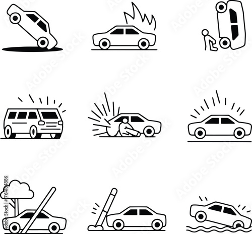 Car Accident Icons Illustrating Various Collision and Damage Scenarios crash