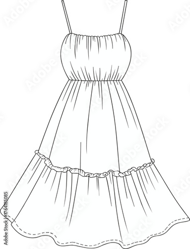 Sleeveless dress fashion sketch, gathered bodice, ruffled hem, cinched waistline, front and back view, CAD drawing flat vector illustration