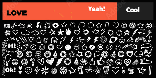Collection of hand drawn doodle icons and symbols with text love yeah cool