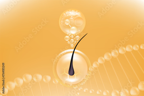 Hyaluronic acid and Niacinamide hair and skin solutions ad, gold collagen serum drops into skin cell with cosmetic advertising background ready to use, illustration vector.	
