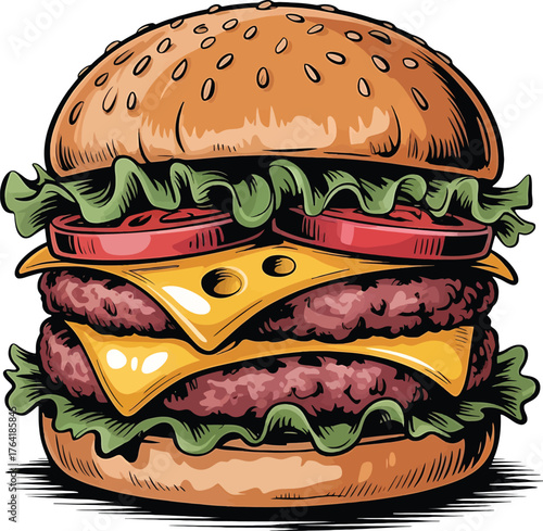Double Cheeseburger with Lettuce Tomato and Sesame Seed Bun on White Background Keywords: burger, cheeseburger, hamburger, fast food, unhealthy, junk