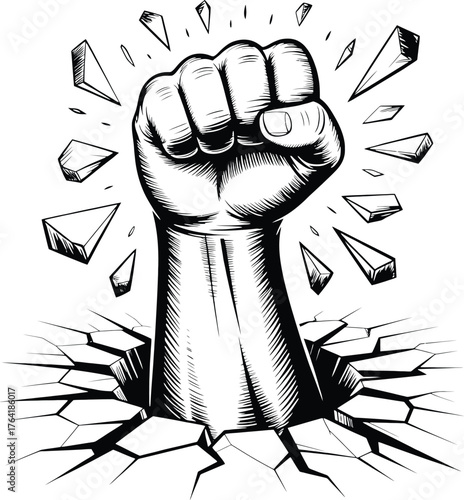 Fist Breaking Through Ground Symbolizing Strength and Resilience Keywords: fist, breaking, ground, strength, power, resilience, protest, revolution