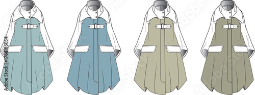 A set of technical flat sketches for a modern hooded raincoat, showcasing different color options for apparel design and weather protection