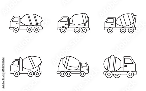 Set of Six Concrete Mixer Trucks Line Art Construction Vehicle Icons Construction Equipment Drawings Simple Line Art Style Heavy Duty Transportation Trucks